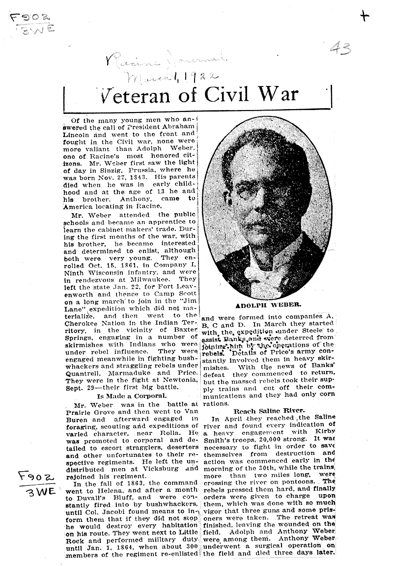  Source: Racine Journal Topics: Civil War Date: 1922-03-01