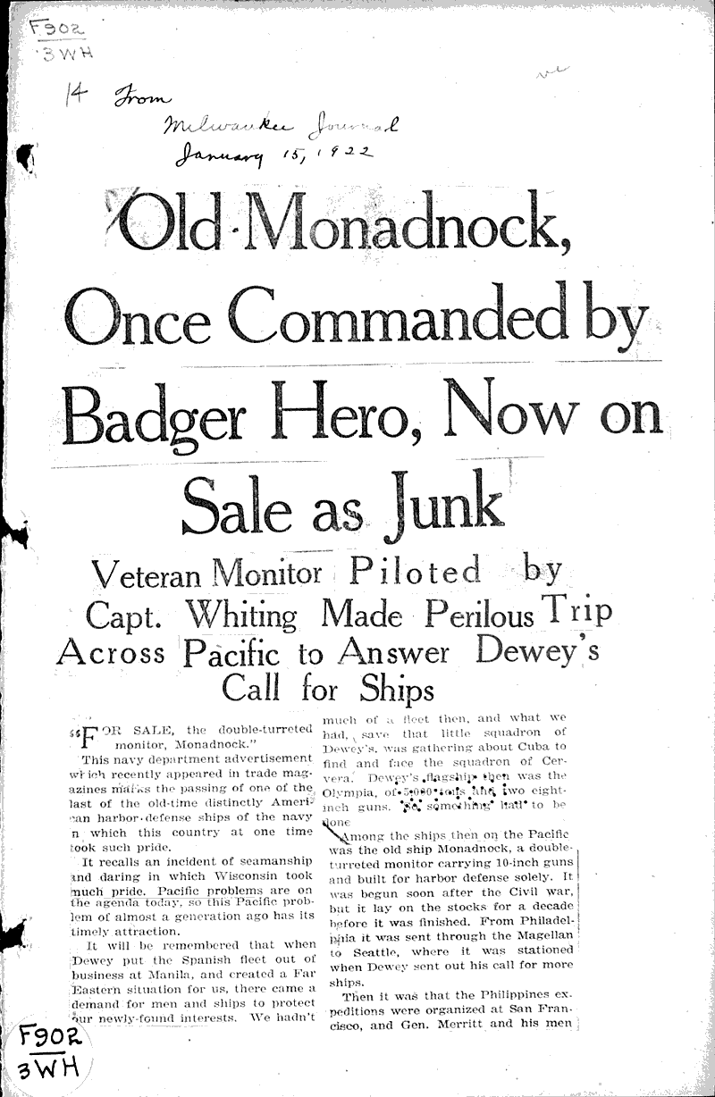  Source: Milwaukee Journal Topics: Wars Date: 1922-01-15