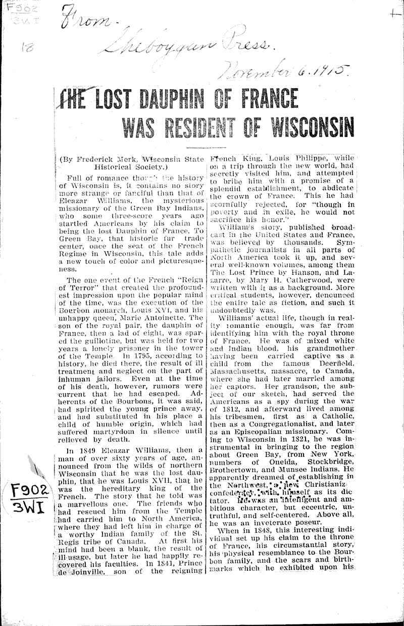  Source: Sheboygan Press Topics: Immigrants Date: 1915-11-06