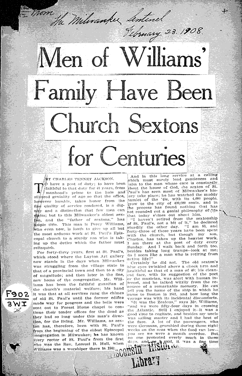  Source: Milwaukee Sentinel Topics: Church History Date: 1908-02-23