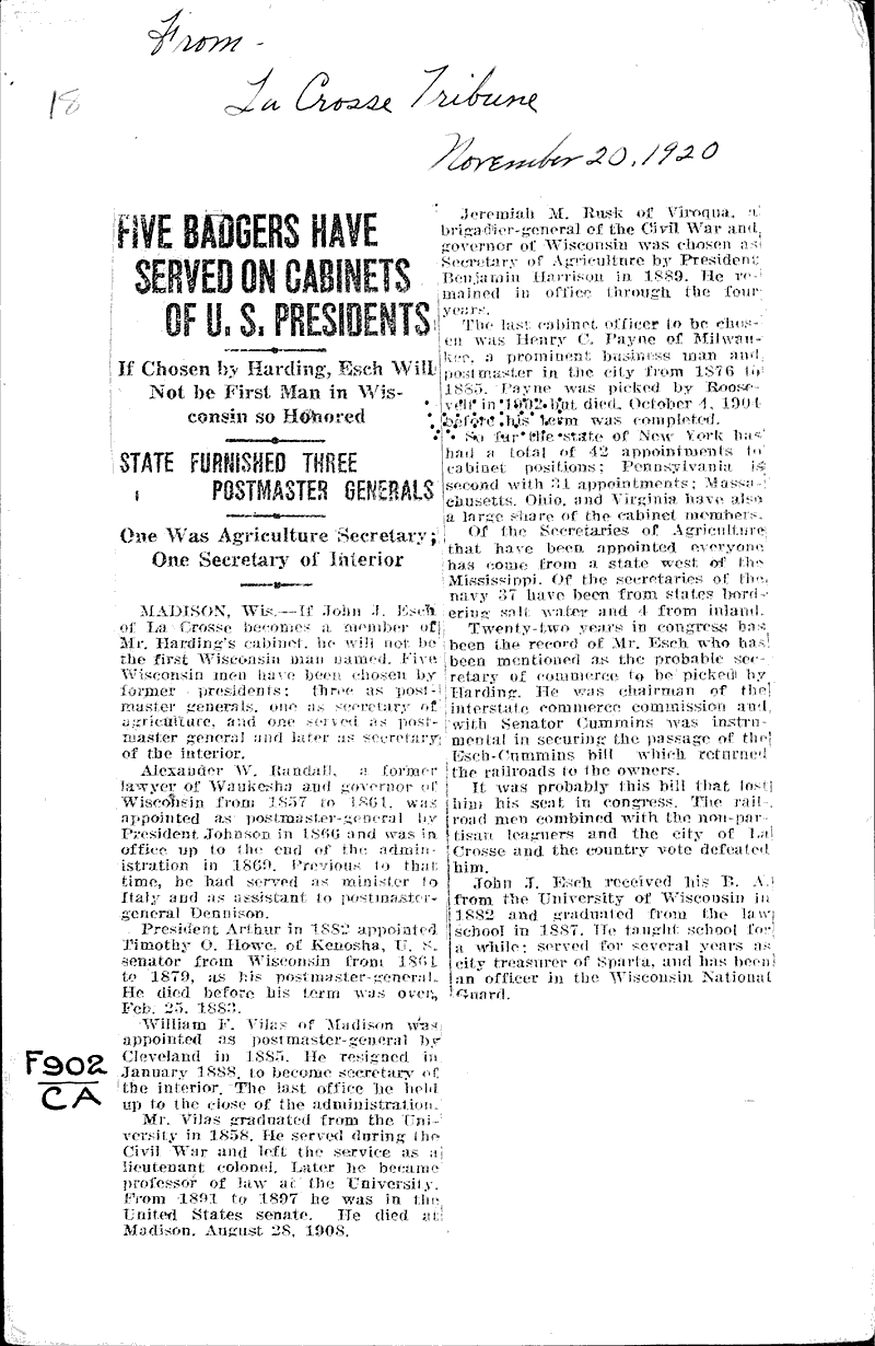  Source: La Crosse Tribune Topics: Government and Politics Date: 1920-11-20