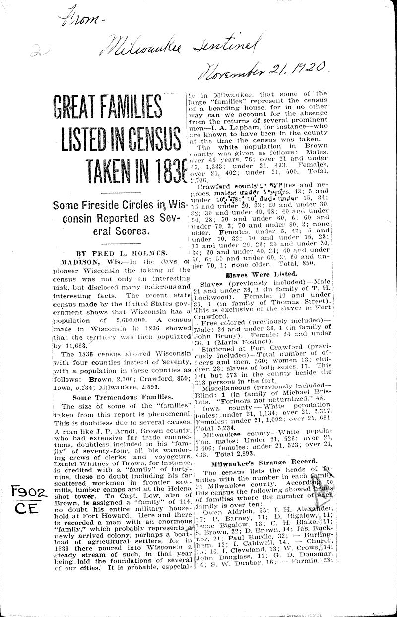  Source: Milwaukee Sentinel Date: 1920-11-21