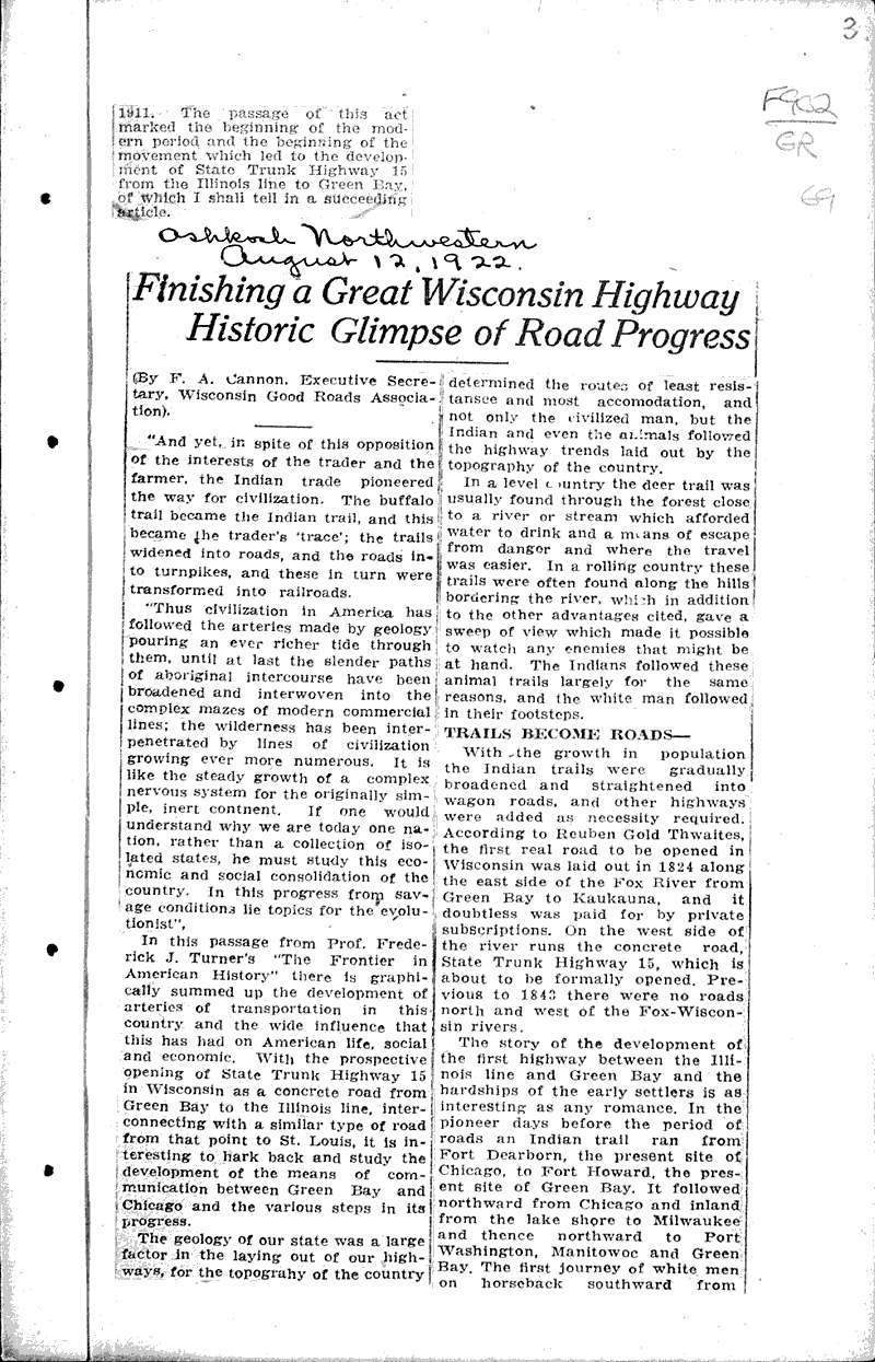  Source: Oshkosh Northwestern Topics: Transportation Date: 1922-08-12