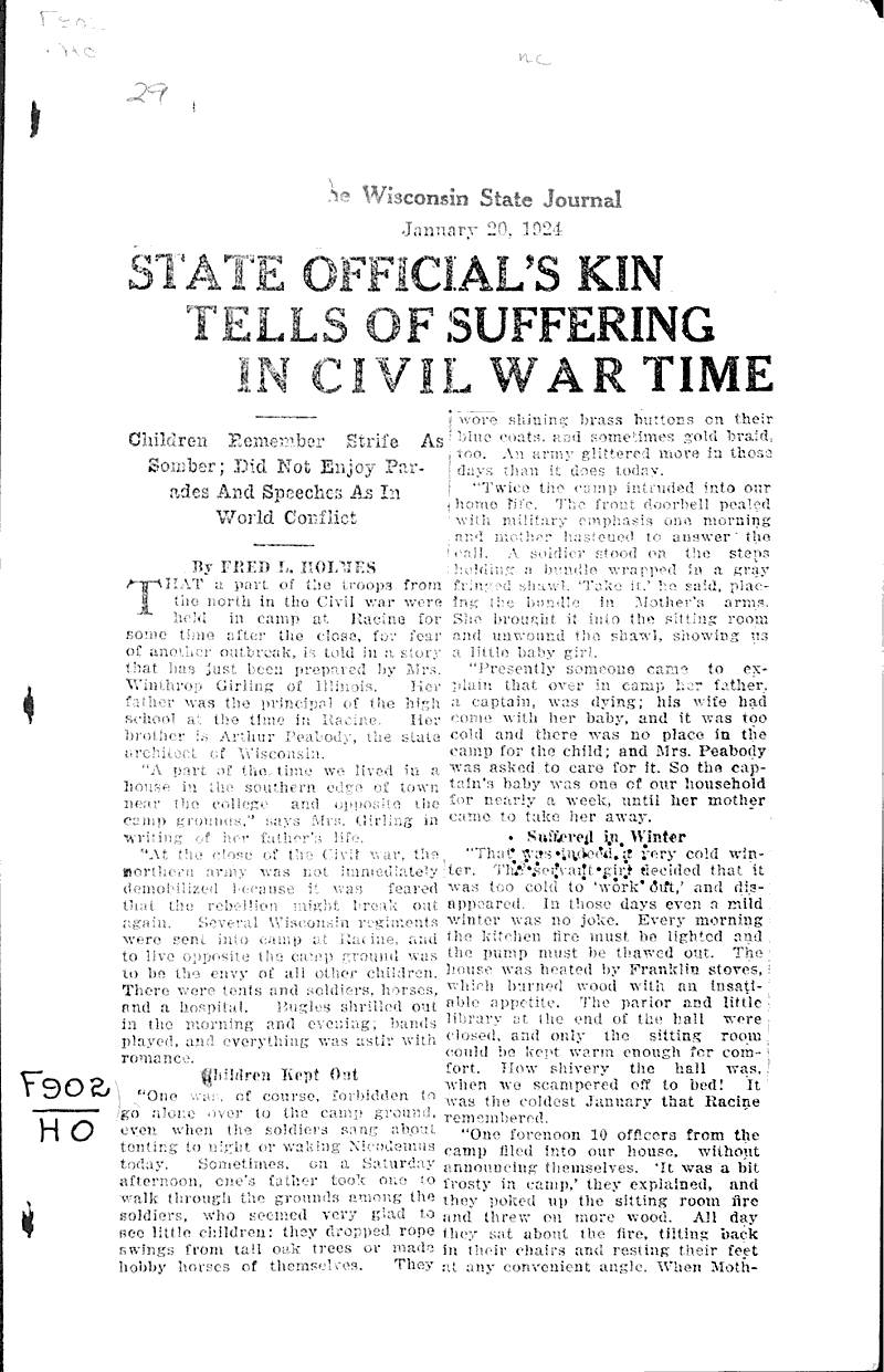  Source: Wisconsin State Journal Topics: Civil War Date: 1924-01-20
