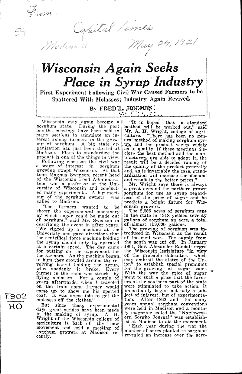  Source: Capital Times Topics: Agriculture Date: 1921-05-24