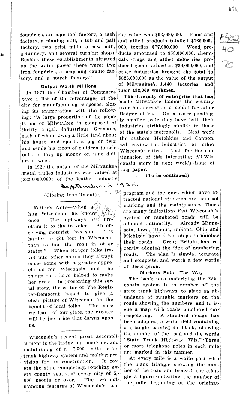  Source: Portage Democrat Topics: Industry Date: 1925-08-20