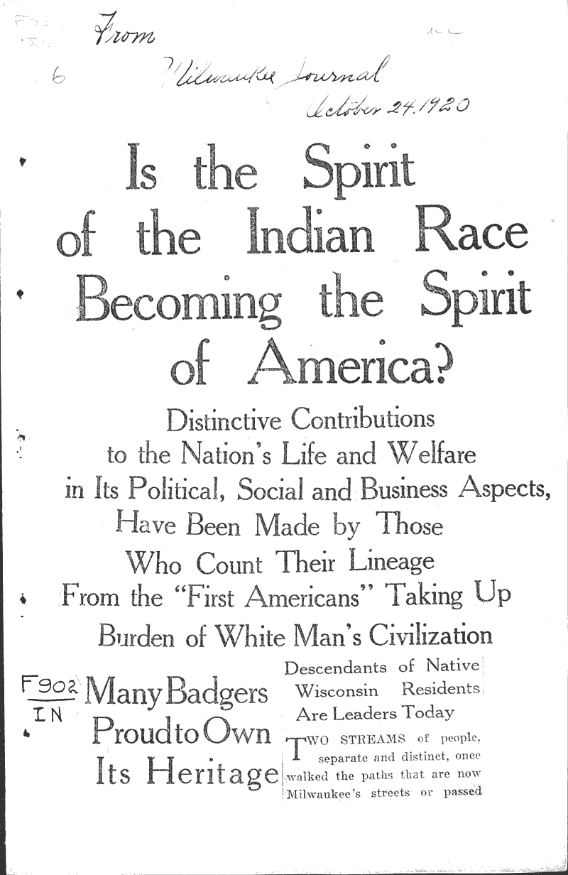  Source: Milwaukee Journal Topics: Indians and Native Peoples Date: 1920-10-24