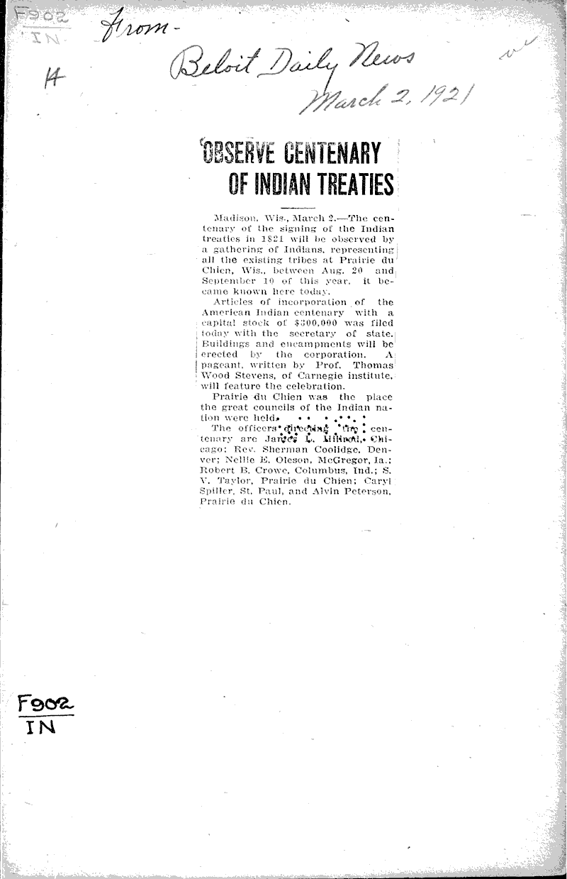  Source: Beloit Daily News Topics: Indians and Native Peoples Date: 1921-03-02