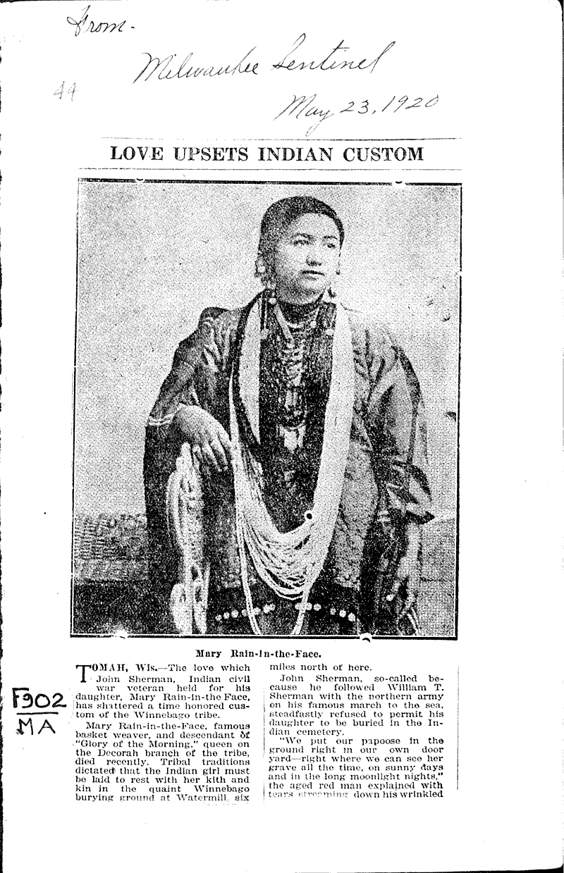  Source: Milwaukee Sentinel Topics: Indians and Native Peoples Date: 1920-05-23