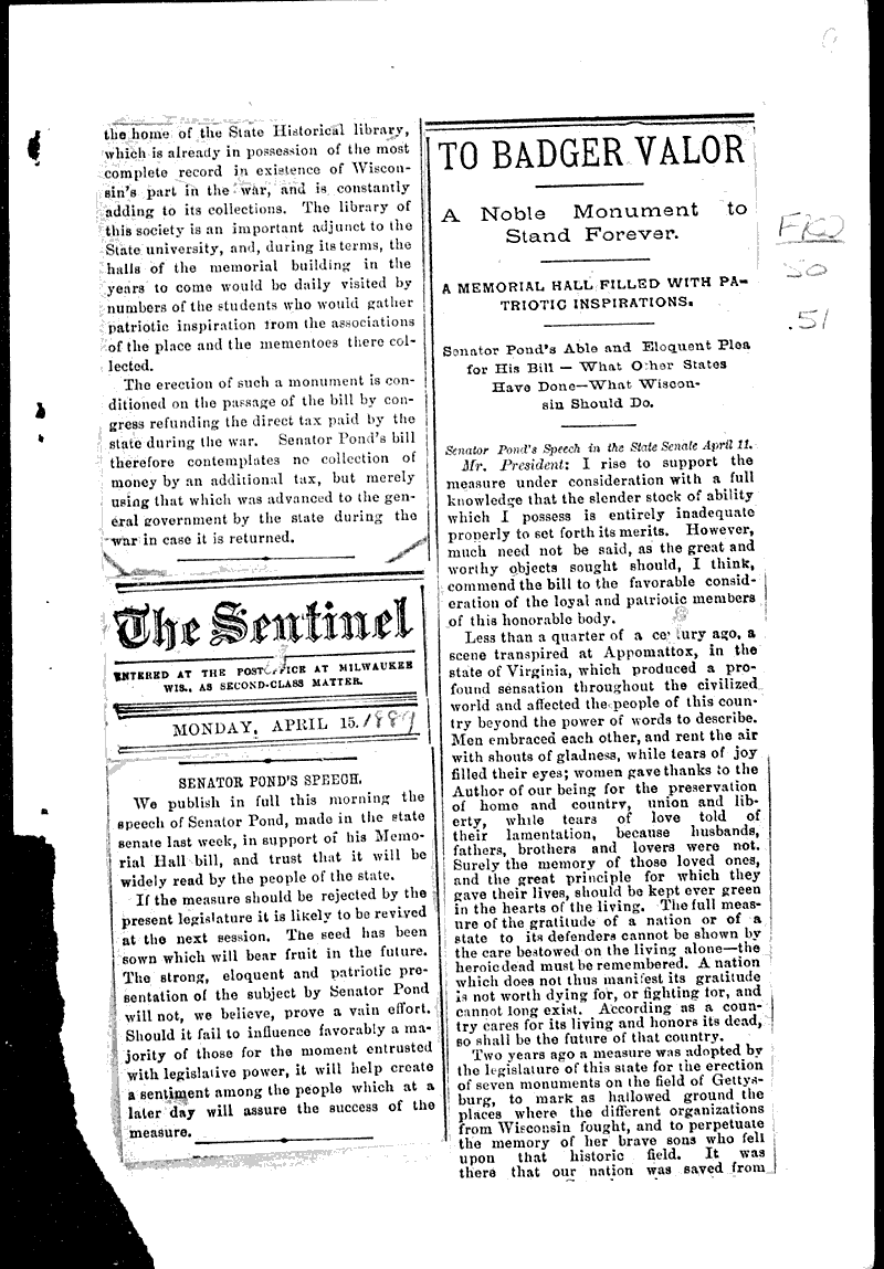  Source: Milwaukee Sentinel Topics: Civil War Date: 1889-02-20