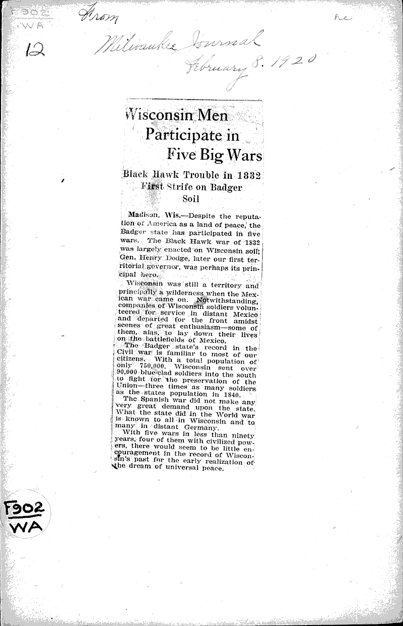  Source: Milwaukee Journal Topics: Wars Date: 1920-02-08