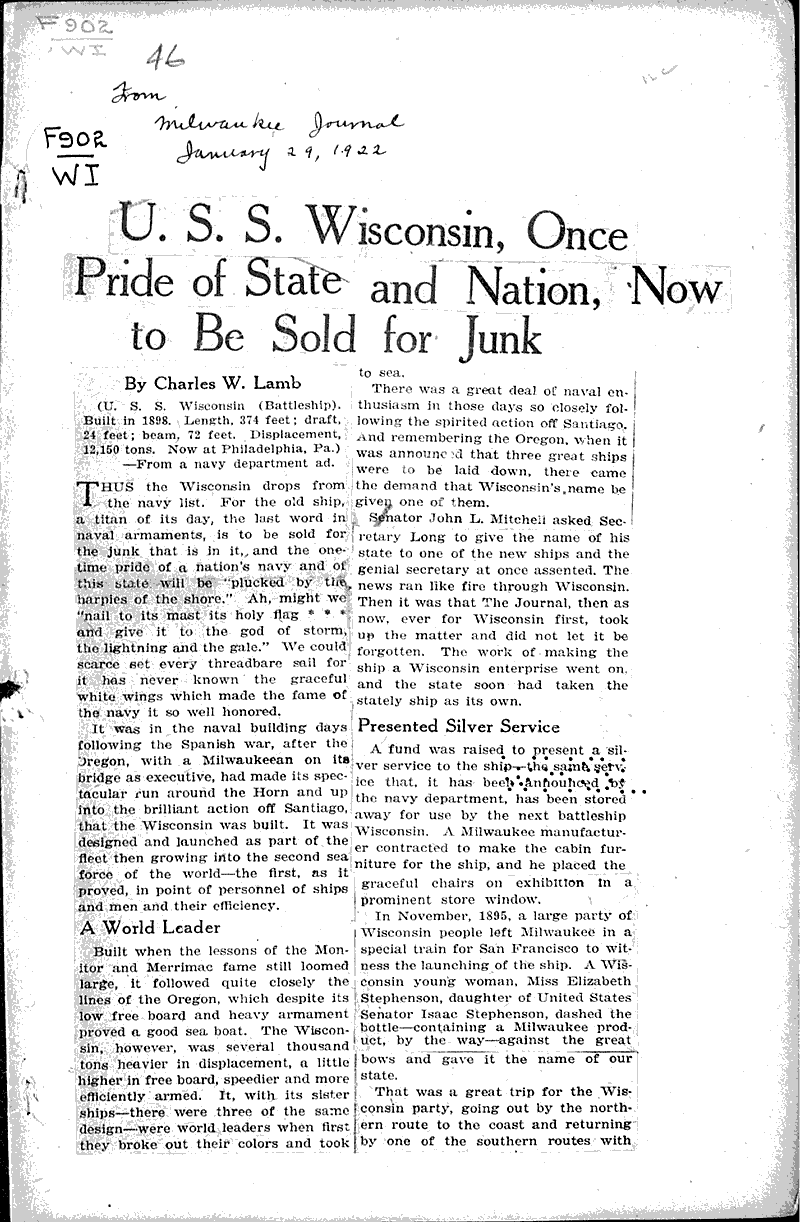  Source: Milwaukee Journal Topics: Wars Date: 1922-01-29
