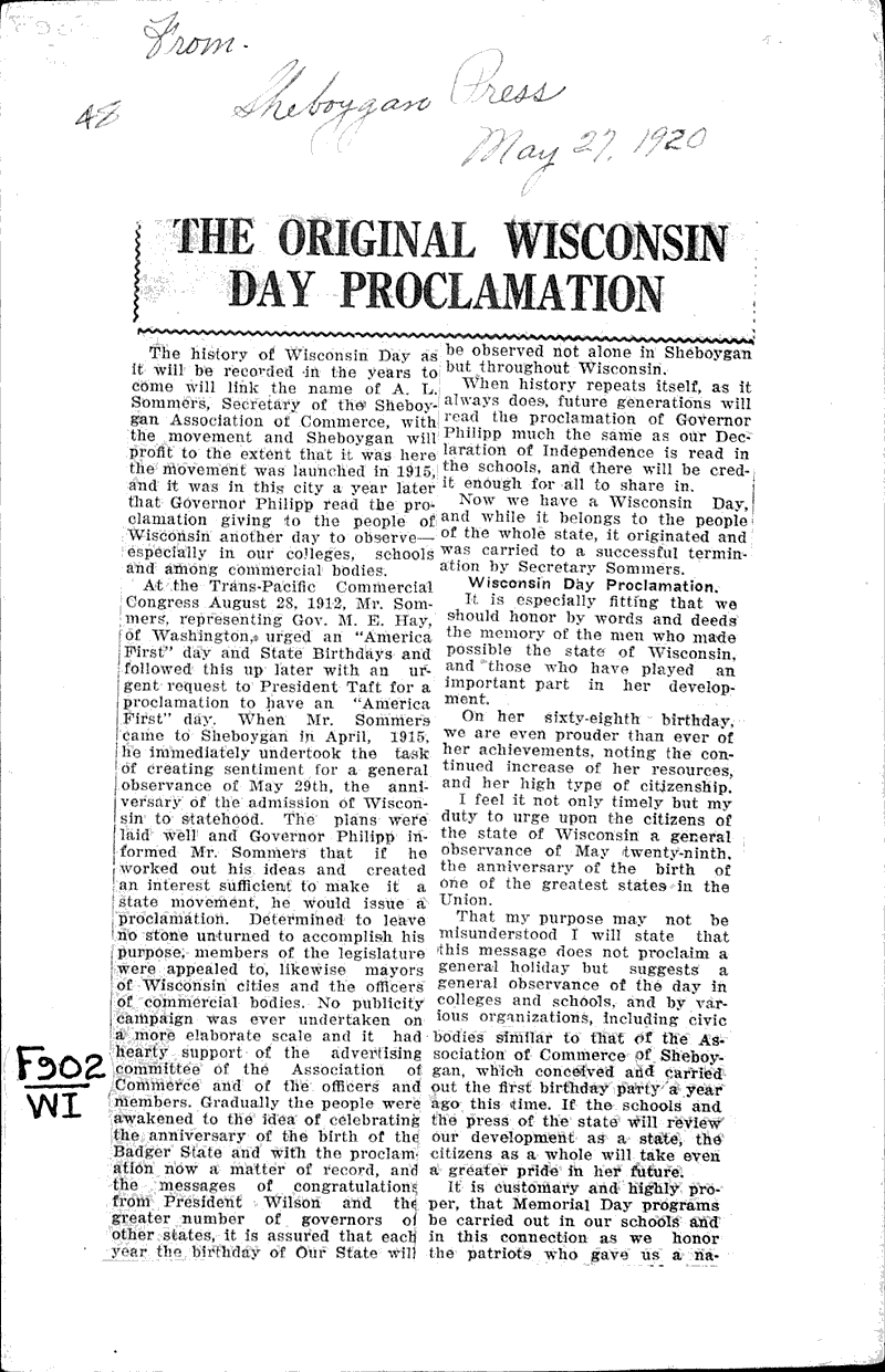  Source: Sheboygan Press Topics: Government and Politics Date: 1920-05-27