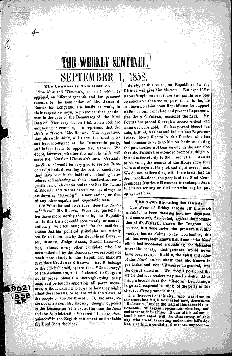  Source: Weekly Sentinel Topics: Government and Politics Date: 1858-09-01