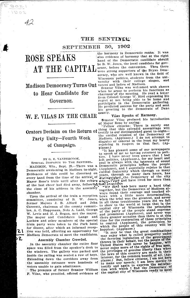  Source: Sentinel Topics: Government and Politics Date: 1902-09-30