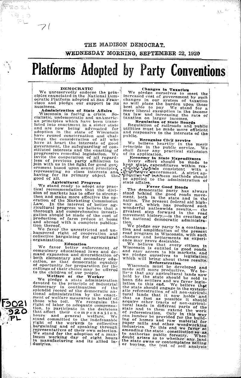  Source: Madison Democrat Topics: Government and Politics Date: 1920-09-22