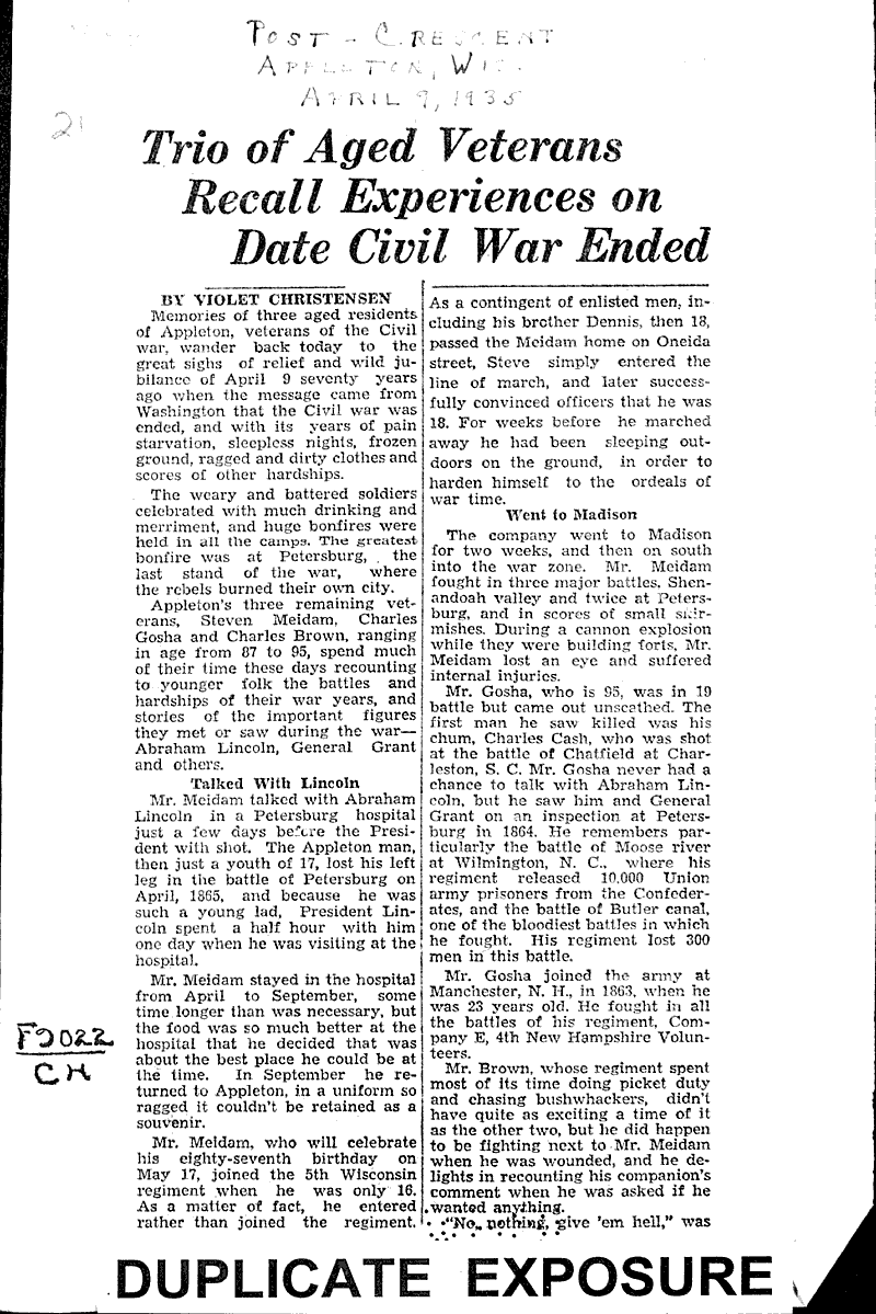  Source: Appleton Post-Crescent Topics: Civil War Date: 1935-04-09