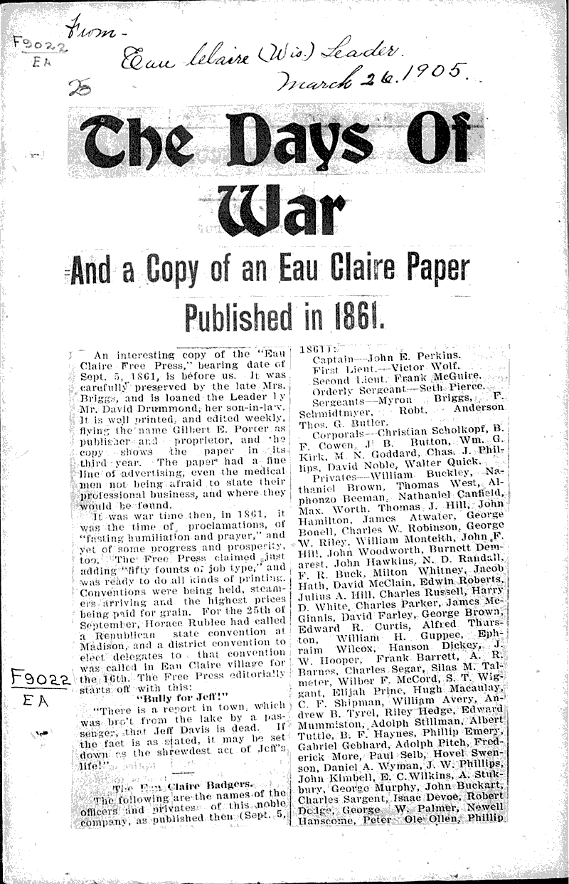  Source: Eau Claire Leader Topics: Civil War Date: 1905-03-26