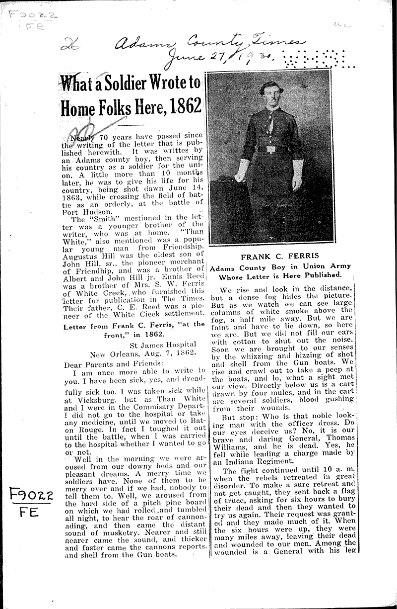  Source: Adams Times Topics: Civil War Date: 1931-06-27