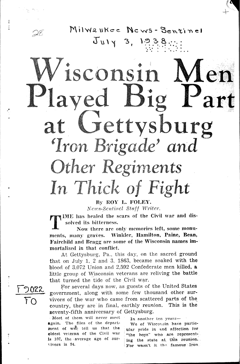  Source: Milwaukee News-Sentinel Topics: Civil War Date: 1938-07-03