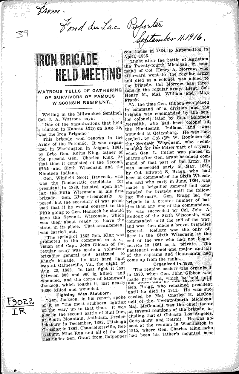  Source: Fond du Lac Daily Reporter Topics: Civil War Date: 1916-09-11