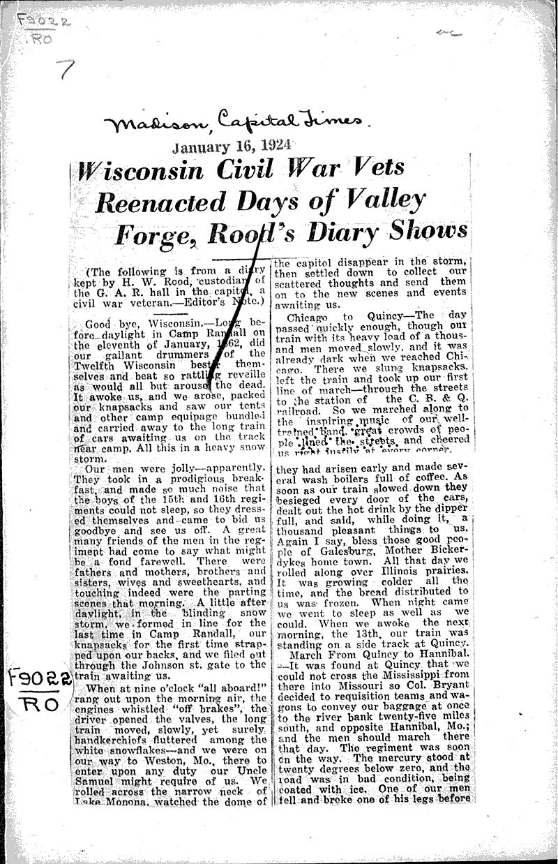  Source: Madison Capital Times Topics: Civil War Date: 1924-01-16