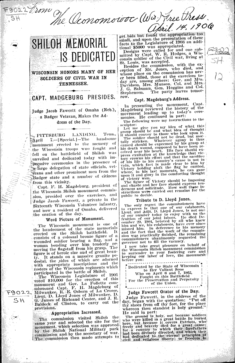  Source: Oconomowoc Free Press Topics: Civil War Date: 1906-04-14