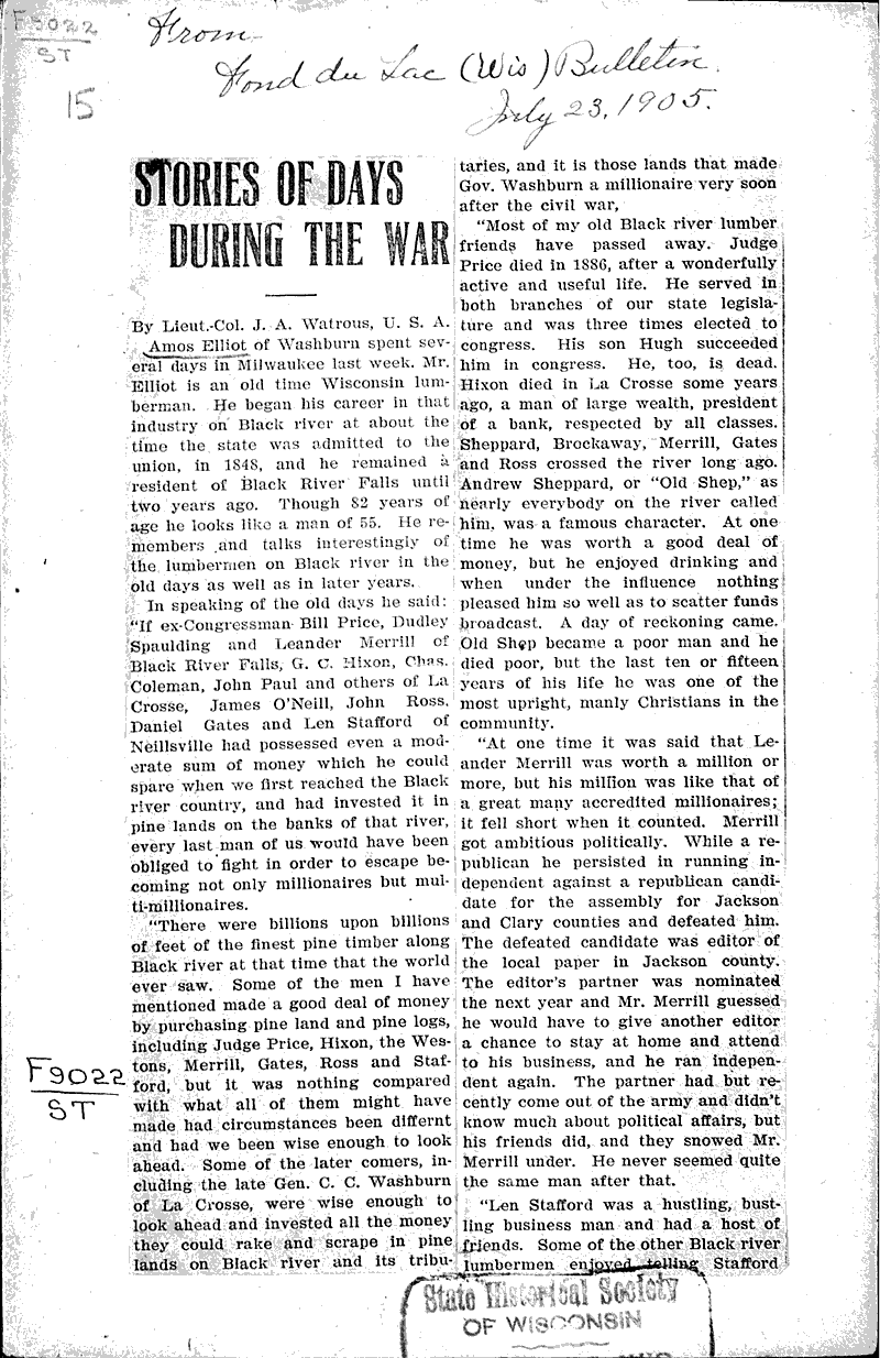  Source: Fond du Lac Bulletin Topics: Civil War Date: 1905-07-23