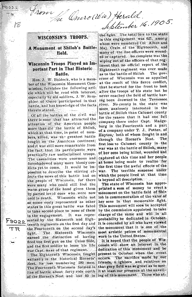  Source: Omro Herald Topics: Civil War Date: 1905-09-16