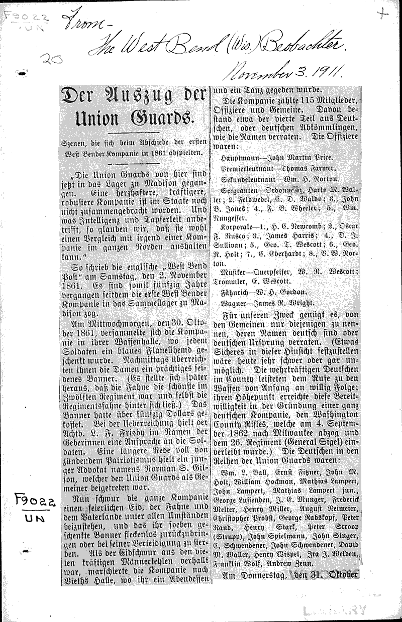  Source: West Bend Beobachter Topics: Civil War Date: 1911-11-03