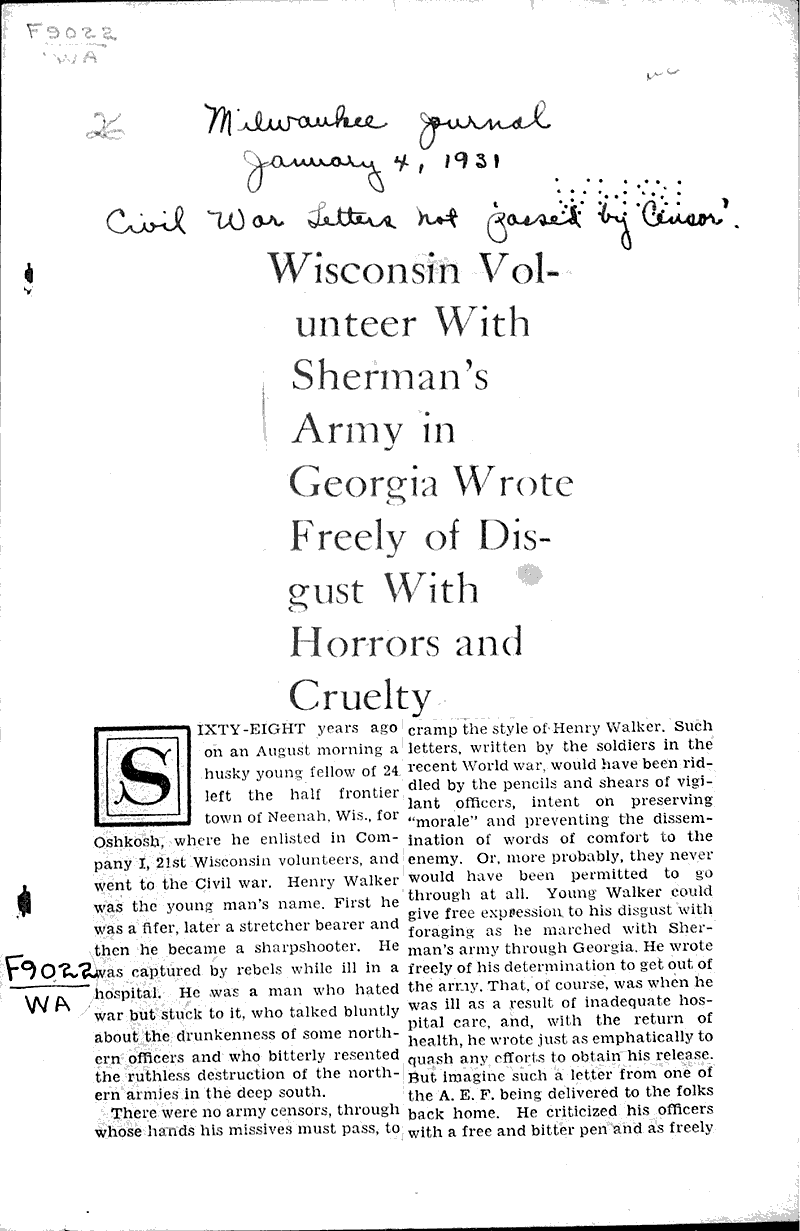  Source: Milwaukee Journal Topics: Civil War Date: 1931-01-04