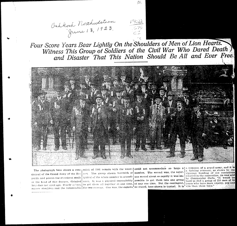  Source: Oshkosh Northwestern Topics: Civil War Date: 1923-05-17