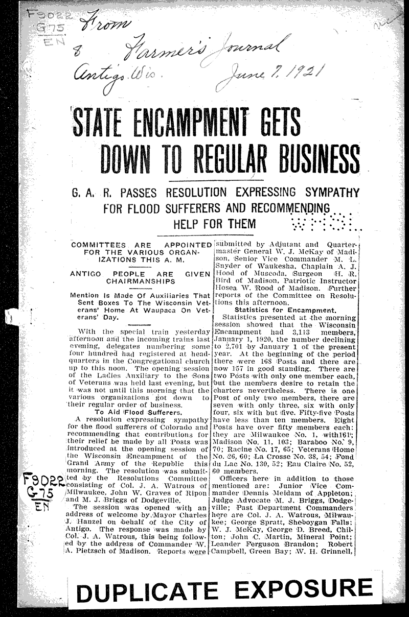  Source: Farmers' Journal (Antigo) Topics: Civil War Date: 1921-06-07