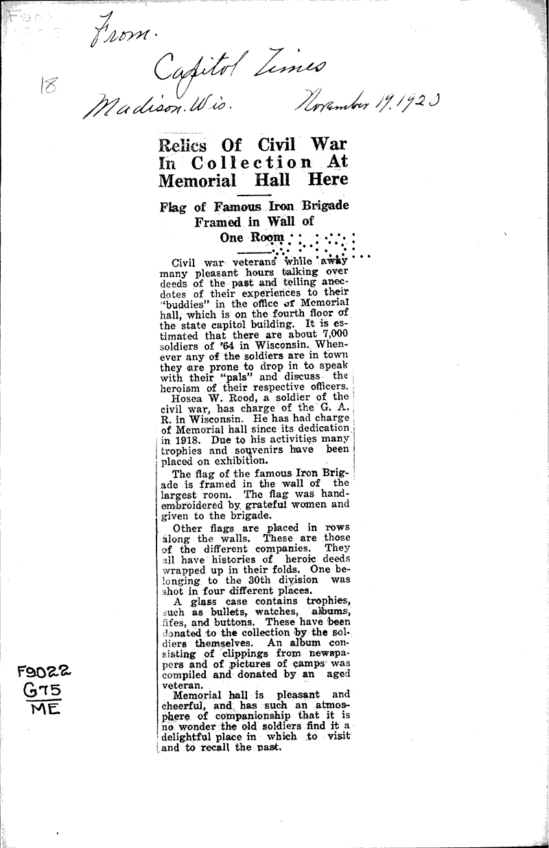 Source: Madison Capital Times Topics: Civil War Date: 1920-11-19