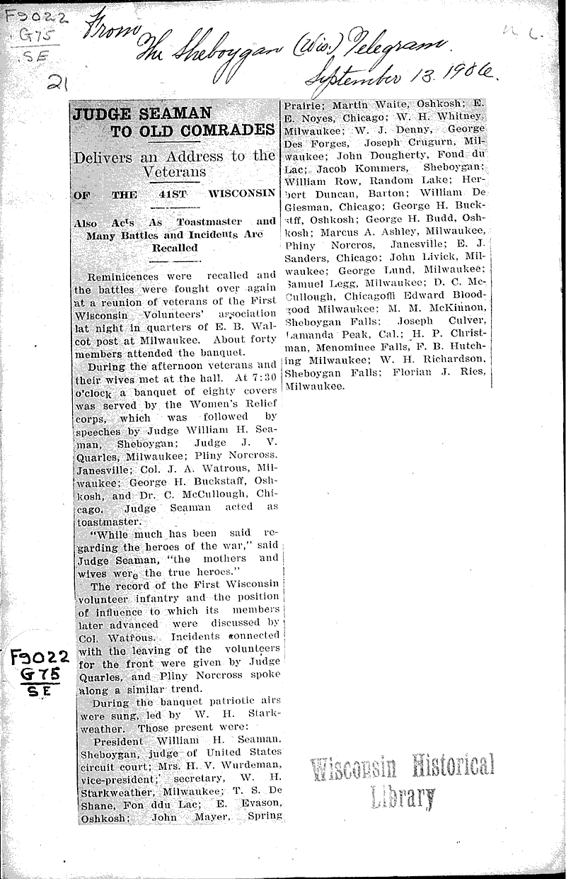  Source: Sheboygan Telegram Topics: Civil War Date: 1906-09-13