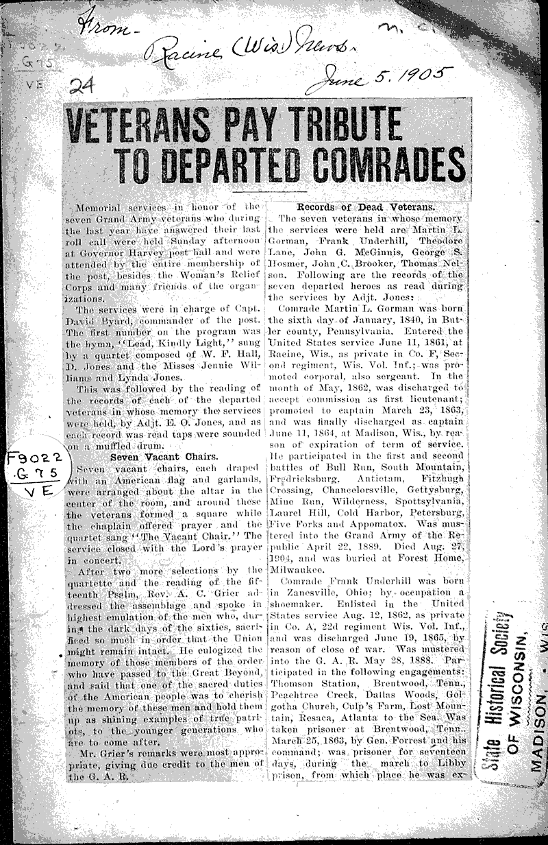  Source: Racine News Topics: Civil War Date: 1905-06-05