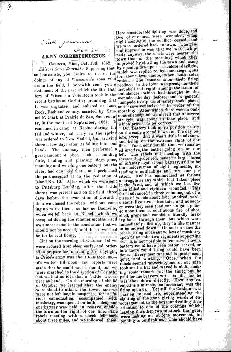  Source: Wisconsin State Journal Topics: Civil War Date: 1862-10-24
