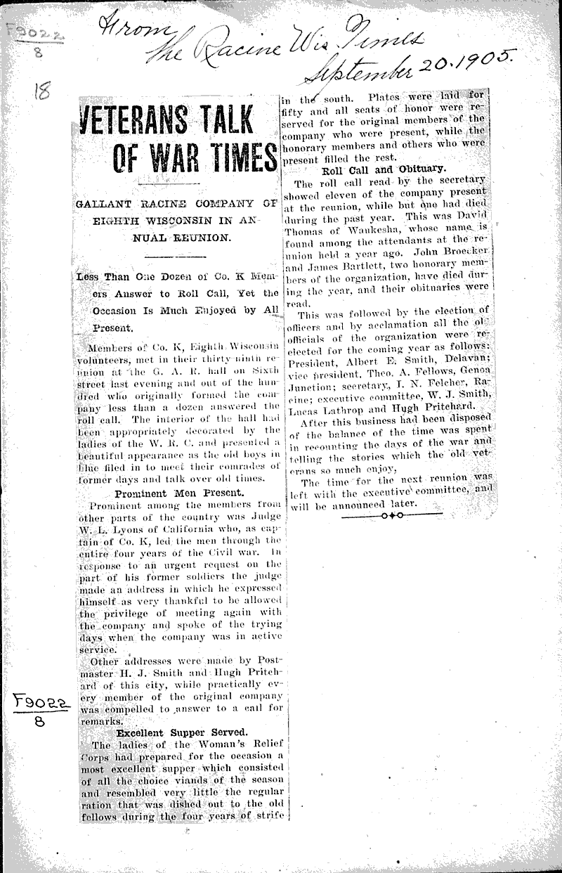  Source: Racine Times Topics: Civil War Date: 1905-09-20