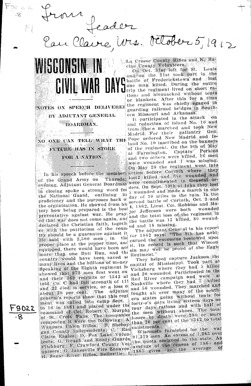  Source: Eau Claire Leader Topics: Civil War Date: 1912-10-05