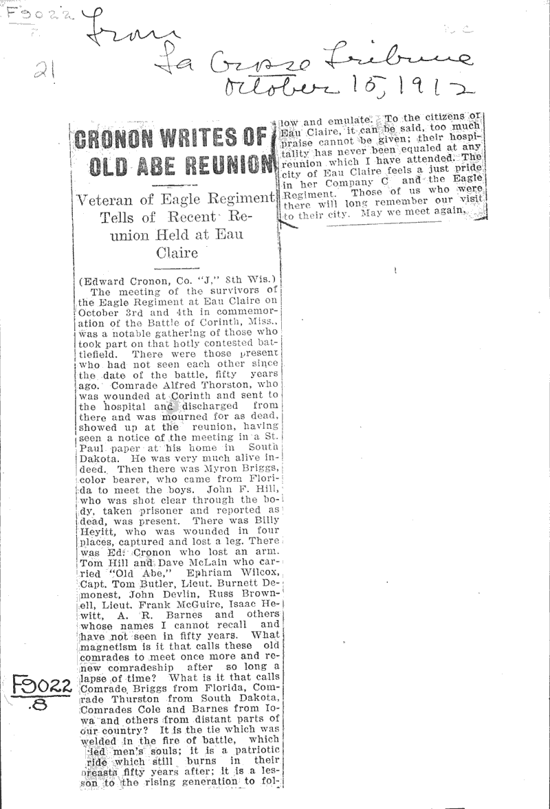  Source: La Crosse Tribune Topics: Civil War Date: 1912-10-15