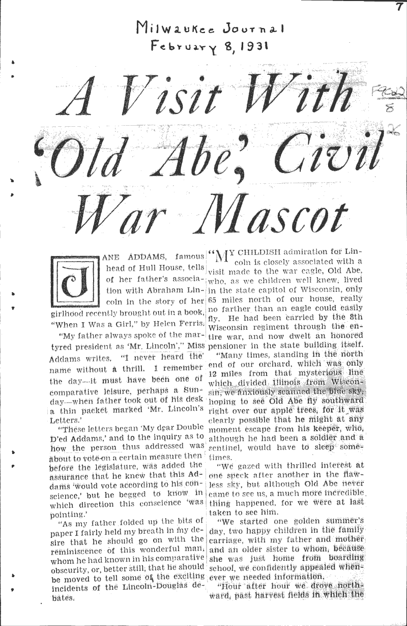  Source: Milwaukee Journal Topics: Civil War Date: 1931-02-08