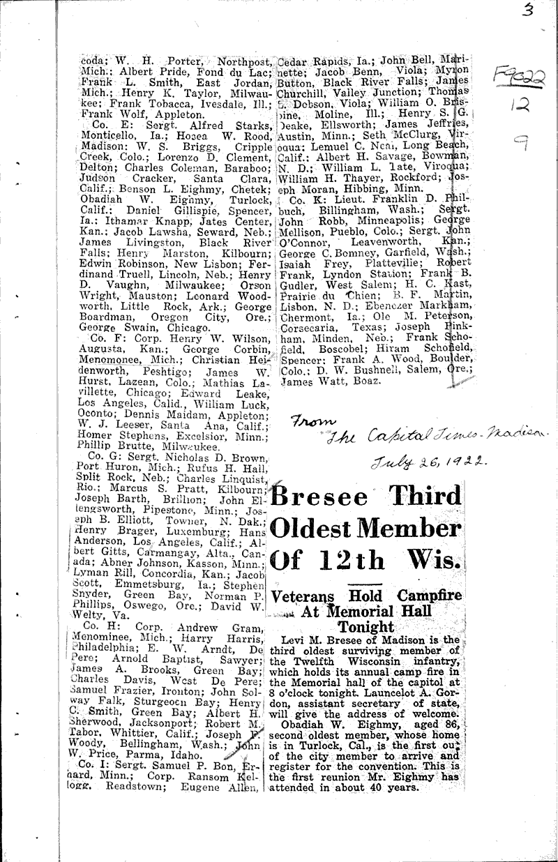  Source: Capital Times Topics: Civil War Date: 1922-07-26