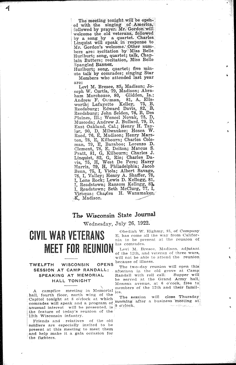  Source: Wisconsin State Journal Topics: Civil War Date: 1922-07-26