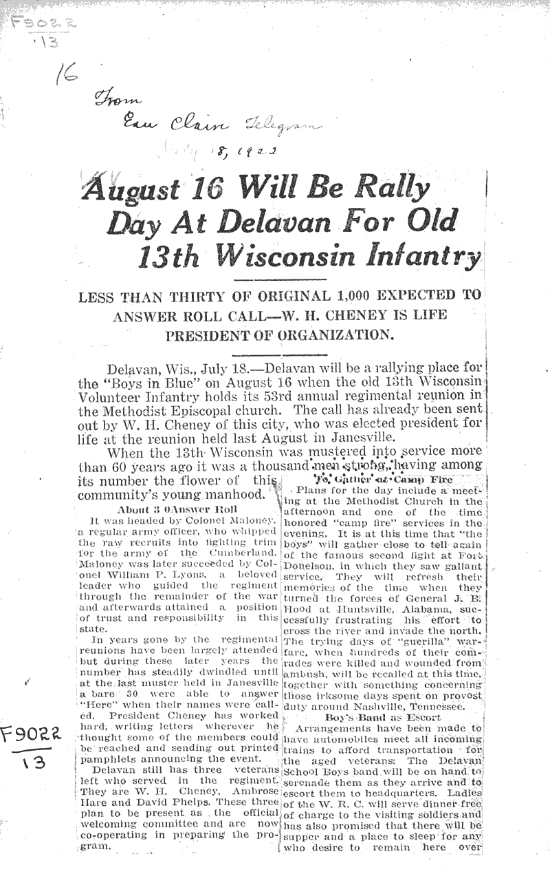  Source: Eau Claire Telegram Topics: Civil War Date: 1922-07-18