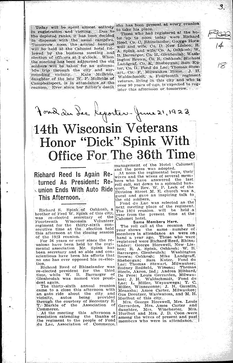  Source: Fond du Lac Daily Reporter Topics: Civil War Date: 1923-06-21