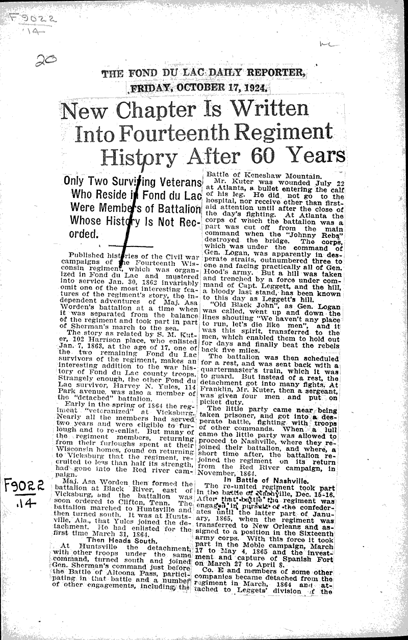  Source: Fond du Lac Daily Reporter Topics: Civil War Date: 1924-10-17