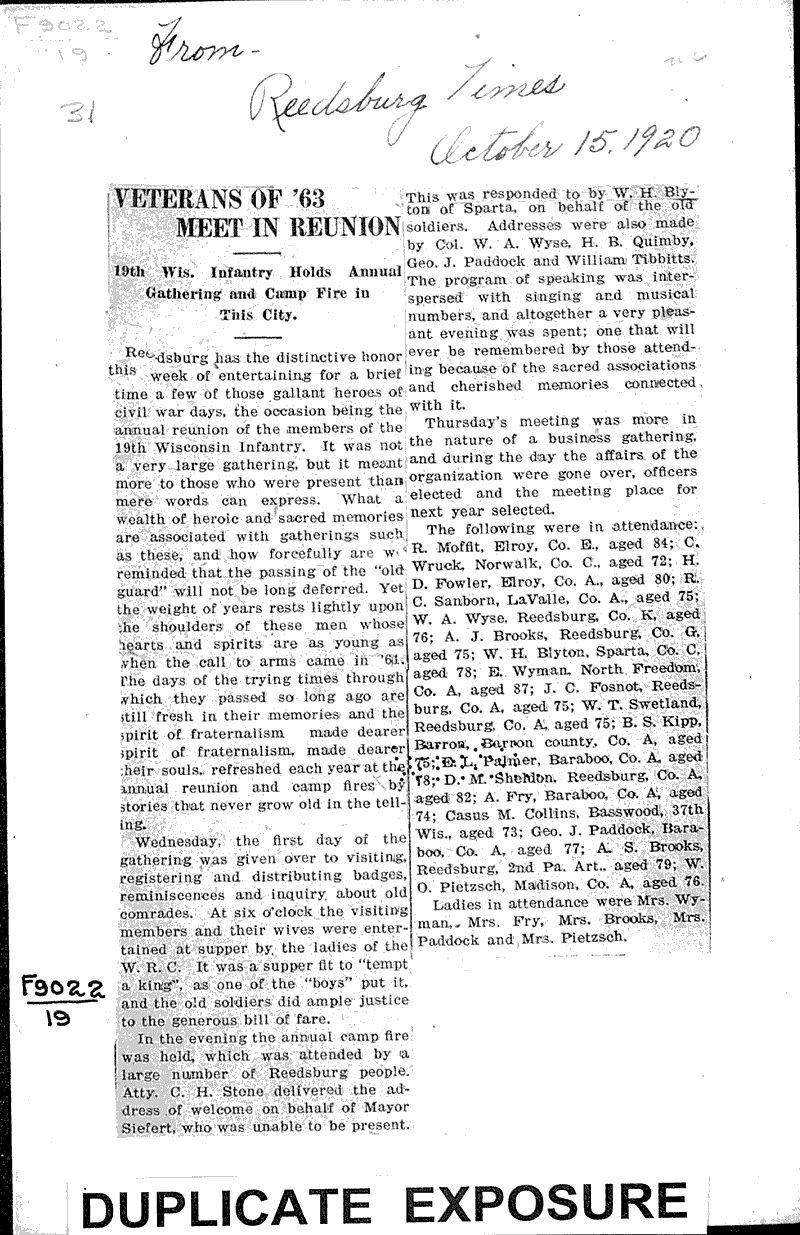  Source: Reedsburg Times Topics: Civil War Date: 1920-10-15