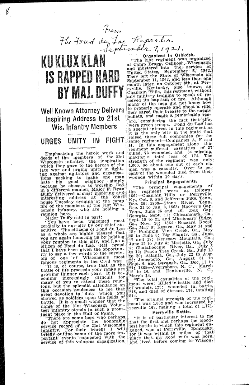  Source: Fond du Lac Daily Reporter Topics: Civil War Date: 1921-09-07