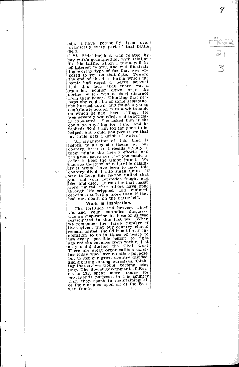  Source: Fond du Lac Daily Reporter Topics: Civil War Date: 1921-09-07