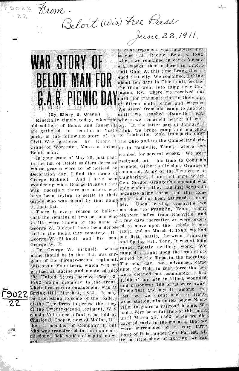  Source: Beloit Free Press Topics: Civil War Date: 1911-06-22